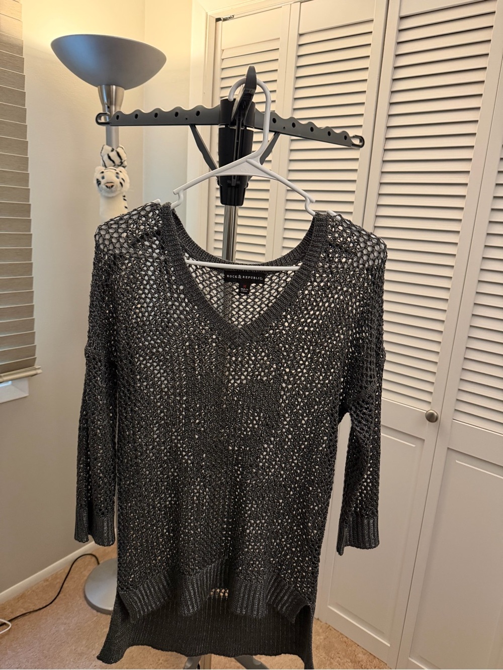 Rock & Republic Dark Charcoal Open-Knit V-Neck Sweater